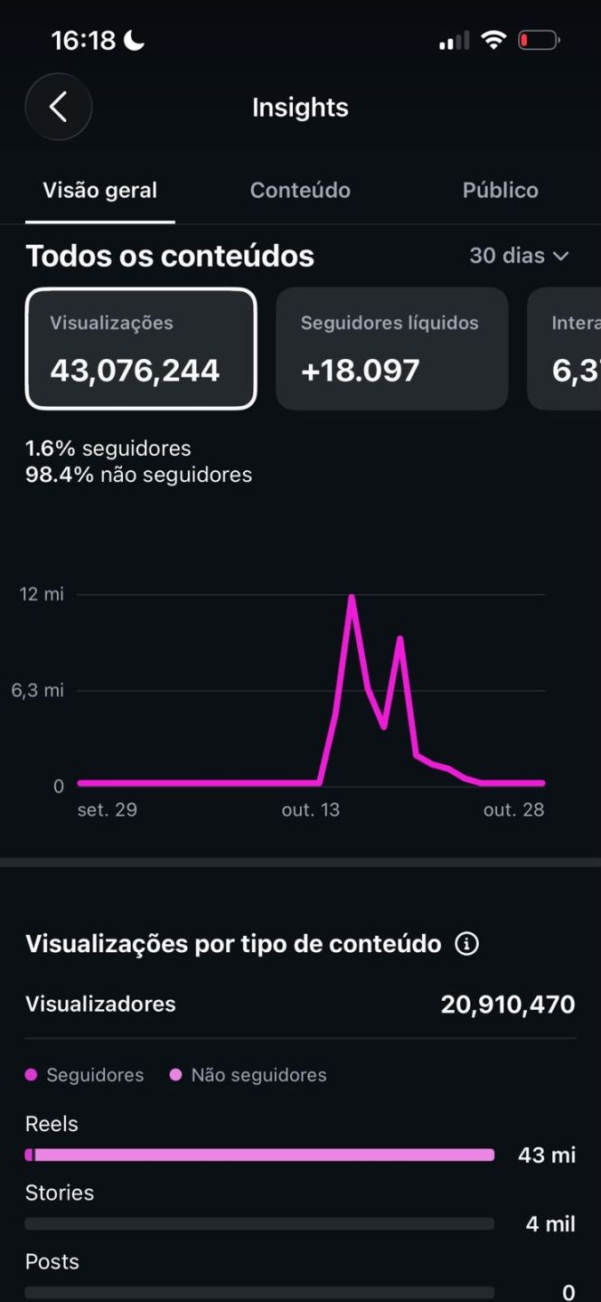 Instagram 18K Seguidores | 43M de Visualizações em 30 Dias