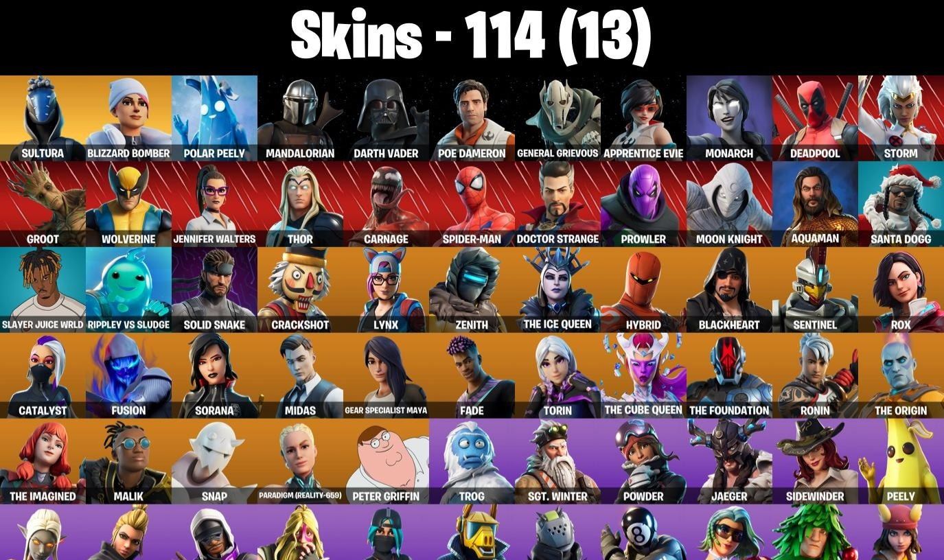 CONTA FORTNITE COM 114 SKINS SULTURA/SPIDER/FADE/SOLID SNAKE/DEADPOOL/SNAP