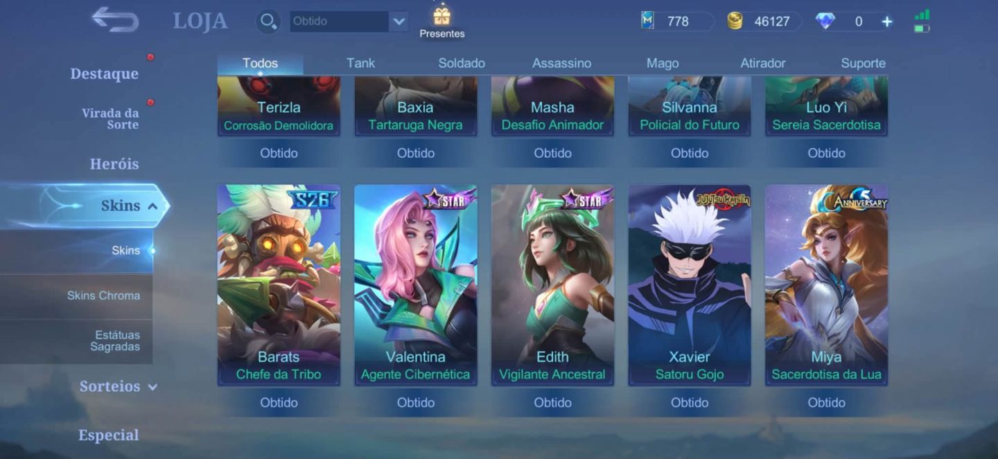 Conta MBL pronta pra jogar com skin gojo do Xavier