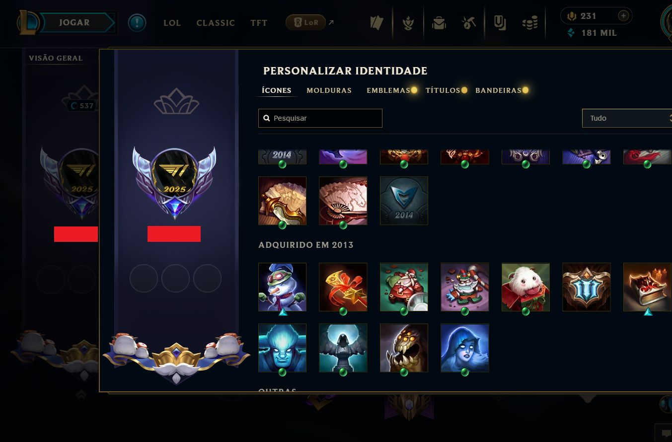 Conta League of Legends criada em 2013, com 424 skins e MMR de Esmeralda.