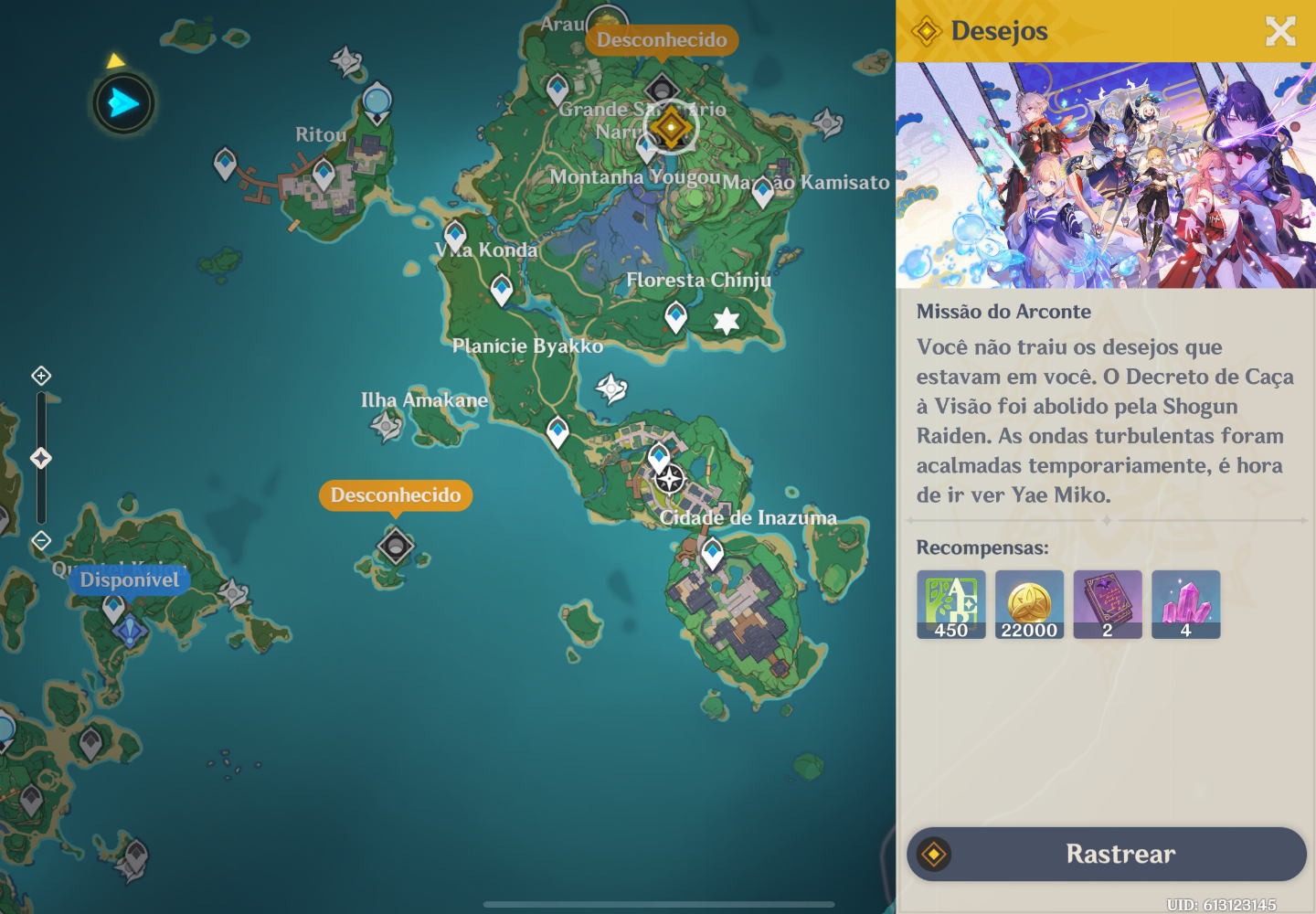 Conta Ar45 com 9 personagens T5, a história está em inazuma.