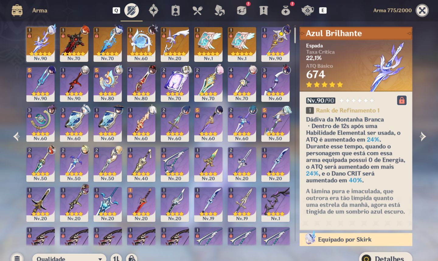 Genshin Impact AR59 | Skirk + BIS | Vários 5 | Muitas Armas 5