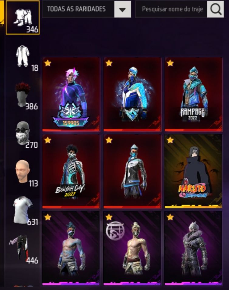 CONTAS FREE FIRE ANTIGA COM 5 SKIN EVOLUTIVA+4 PUNHO+630 PEITORAL+SOMBRA ROXA