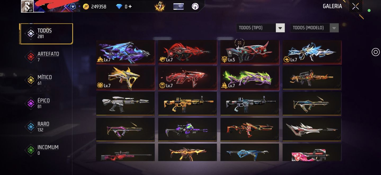 Conta de FF, prime 7, Level 69, muitos itens raros.