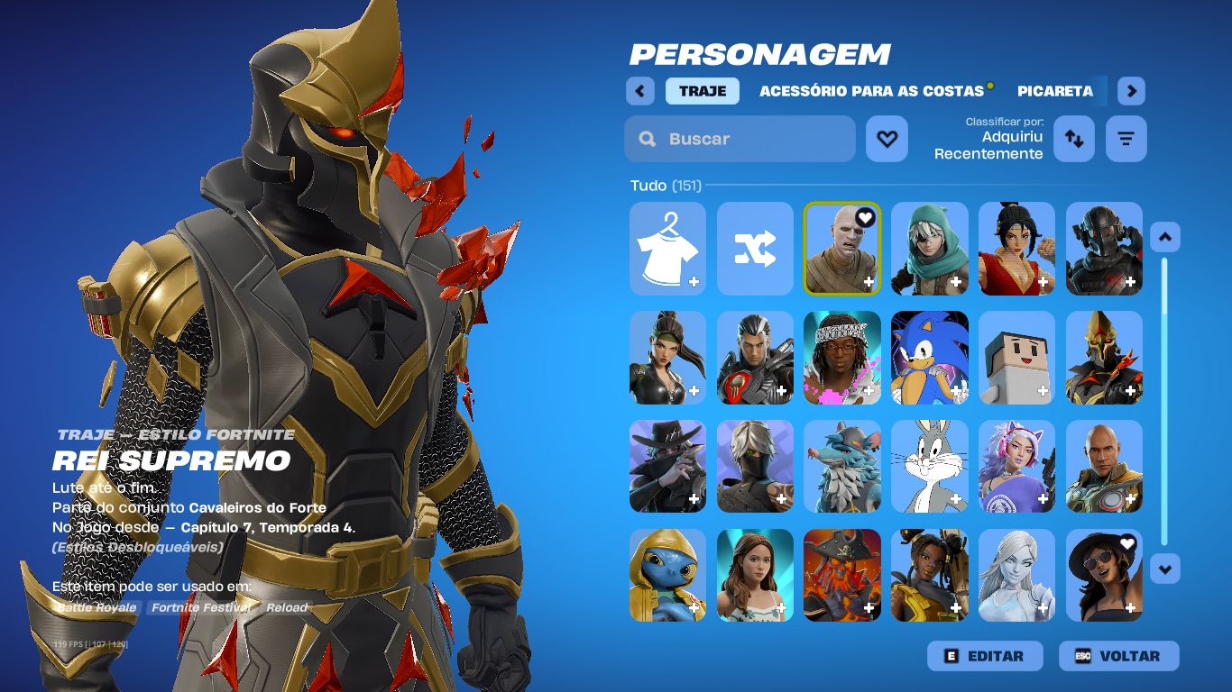 Conta de fortnite com 122 skins, 100 picaretas e atualmente com o clube ativado.