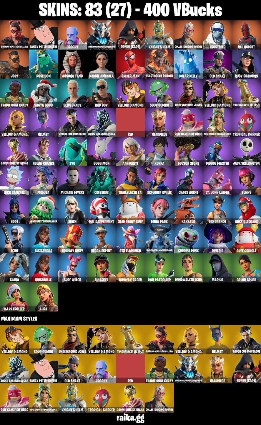 CONTA FORTNITE COM 83 SKINS SPIDER MAN/DROOPY/OLD SNAKE/RED KNIGHT/RAP BOY/