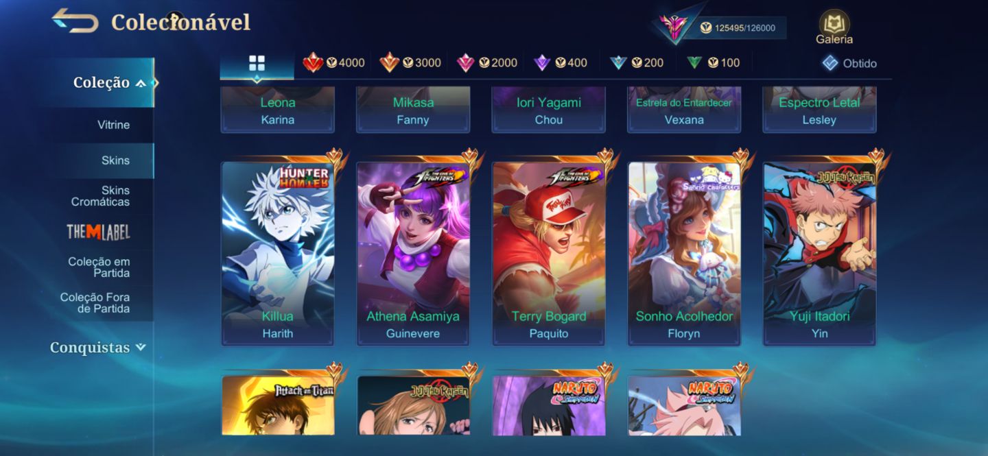 Conta MLBB | 326 Skins, Freya Lenda + Collabs (JJK, AOT, Naruto, HxH)