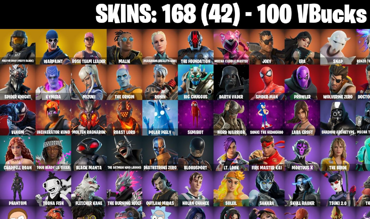 168 Skins, OGSTW (Farm Vbucks), Master chief (mattle black), Lara croft, Loki