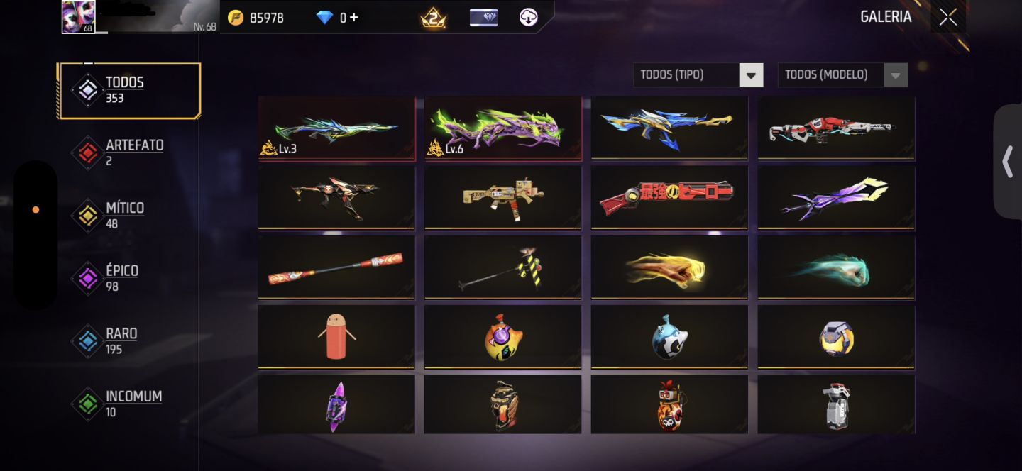 CONTA DE FREE FIRE GEMADA NÍVEL 68 COM ANGELICAL, MANDELA e PÉ DESCALÇO