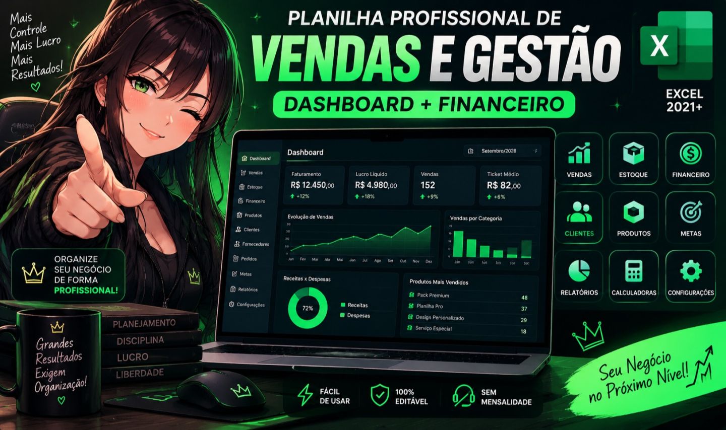 Planilha Profissional de Vendas e Gestão | Dashboard + Financeiro