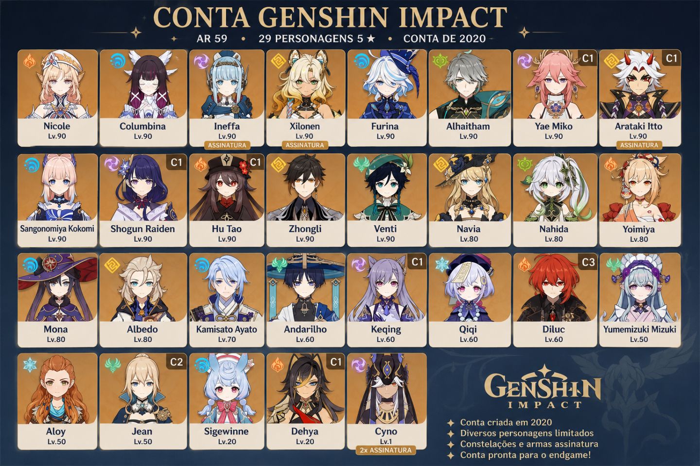 Conta Genshin Impact AR 59 | 29 Personagens 5 | Conta de 2020