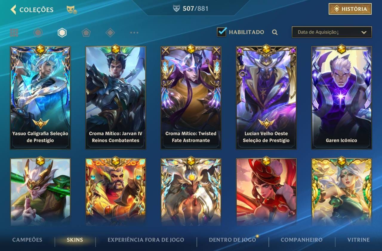 507 Skins| 15 Míticas |64 Lendárias|290 Épicas |Lv 226 |87,2K Coleção| 1978 dias