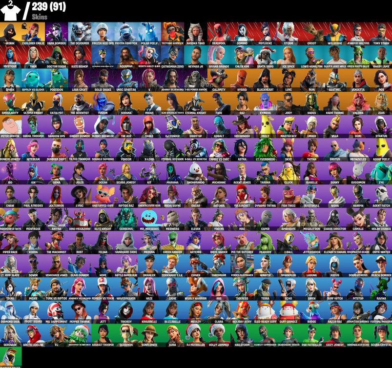 CONTA DE FORTNITE COM 239 SKINS + IKONIK + MARVEL + LARA CROFT + TRYHARD
