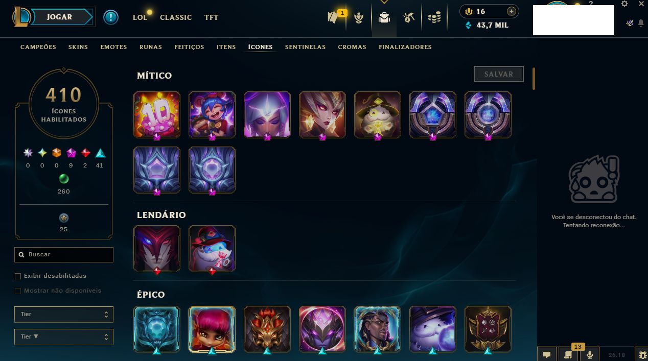 CONTA LOL + TFT + VALORANT (SKINS MITICAS/LENDÁRIAS/LIMITADAS)
