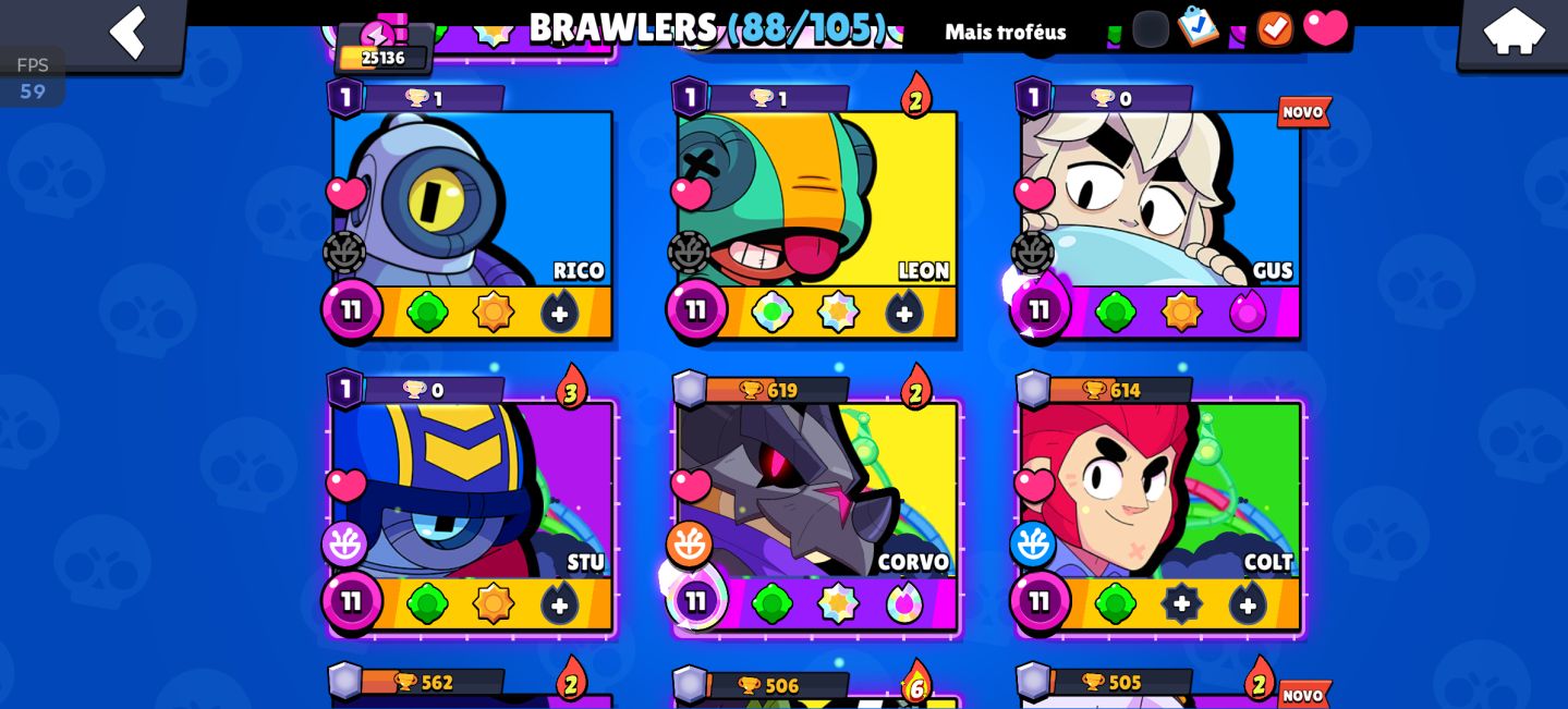 25k de troféu, Todos os lendários 88 brawler, 17 hipercarga e 6 buffs completos