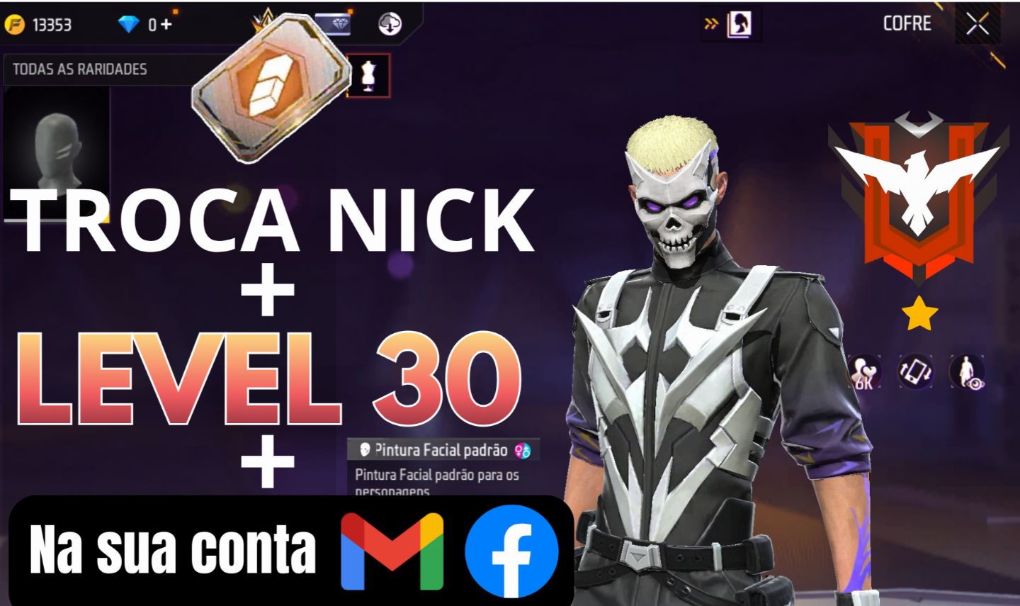 Contas free fire level 30 + troca nick + patente mestre + no seu e-mail
