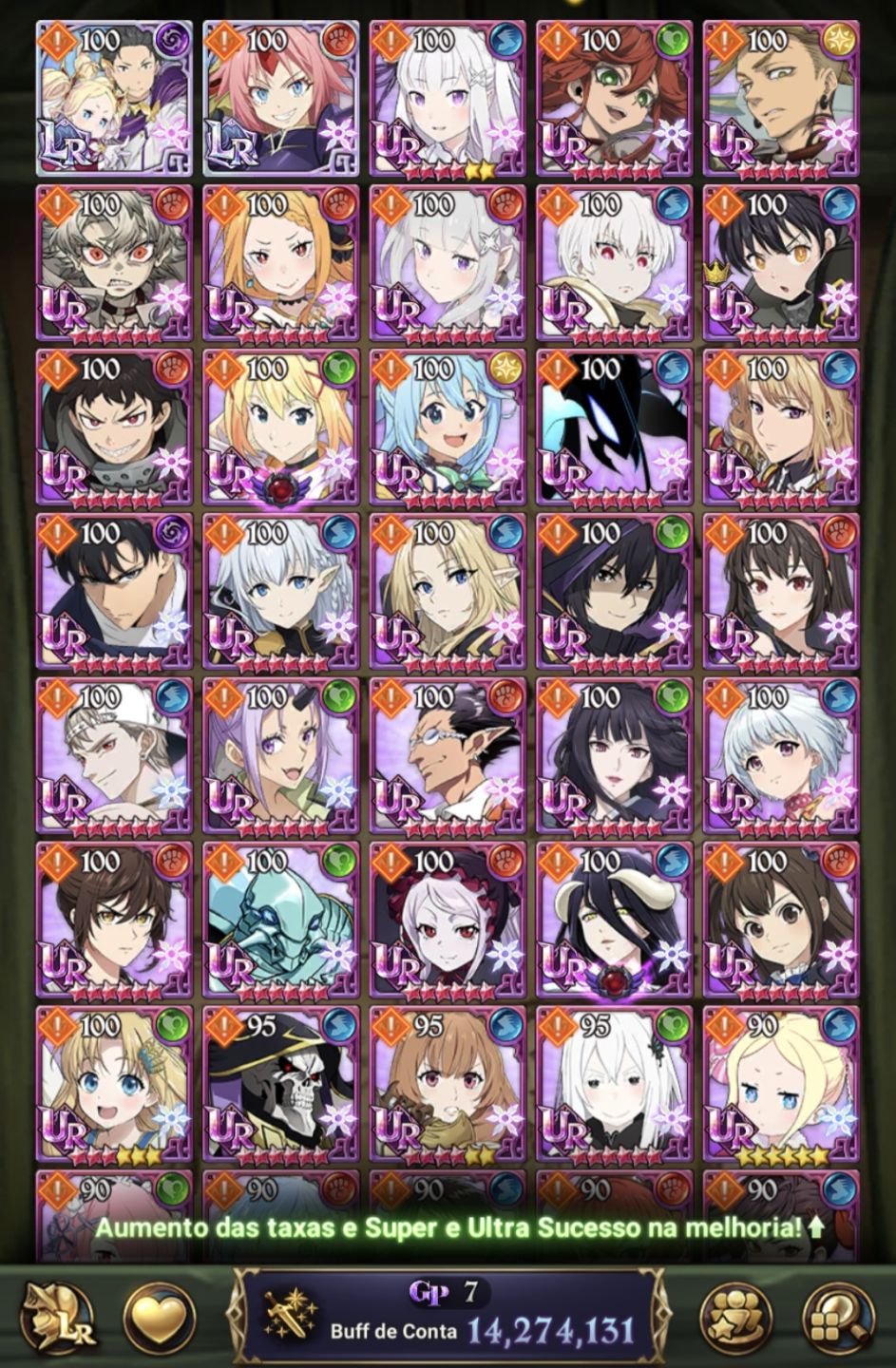 Conta 7DS Grand Cross, 14 Milhoes de CCBox, maioria das colabs, personagens, LRs