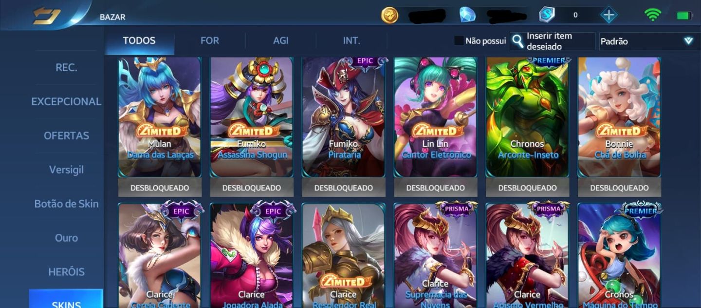 Conta - Heroes Evolved, nível: 43, heróis: 113, skins: 243.