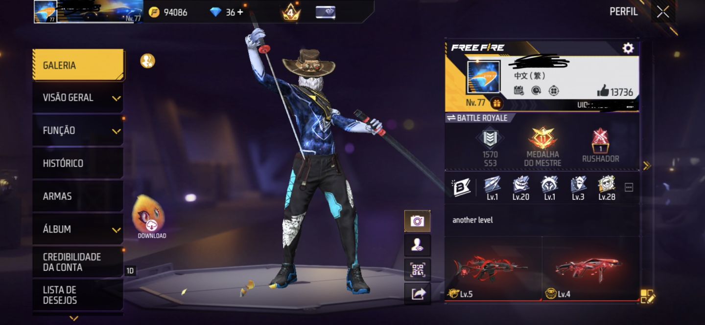 CONTA DE FREE FIRE RARA, COM 2x ANGELICAL, ARMA EVOLUTIVA LVL 77, 13K LIKE.