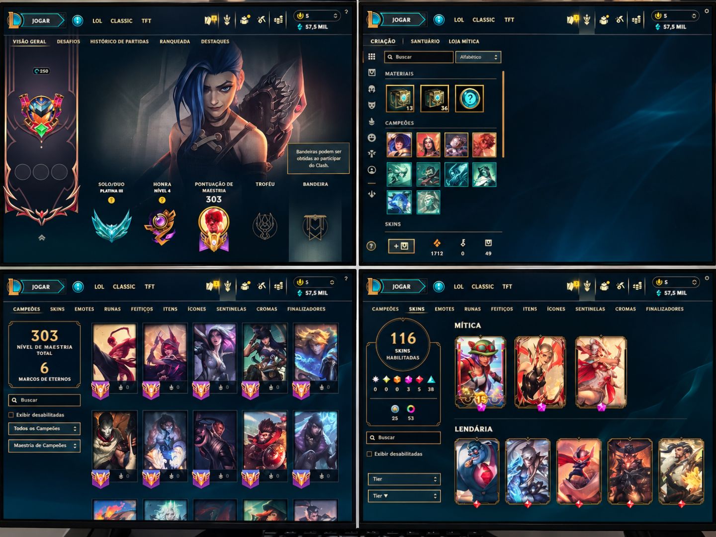 Conta LoL Platina 3 | 116 Skins | 49 Baús | Todos Campeões | Completa