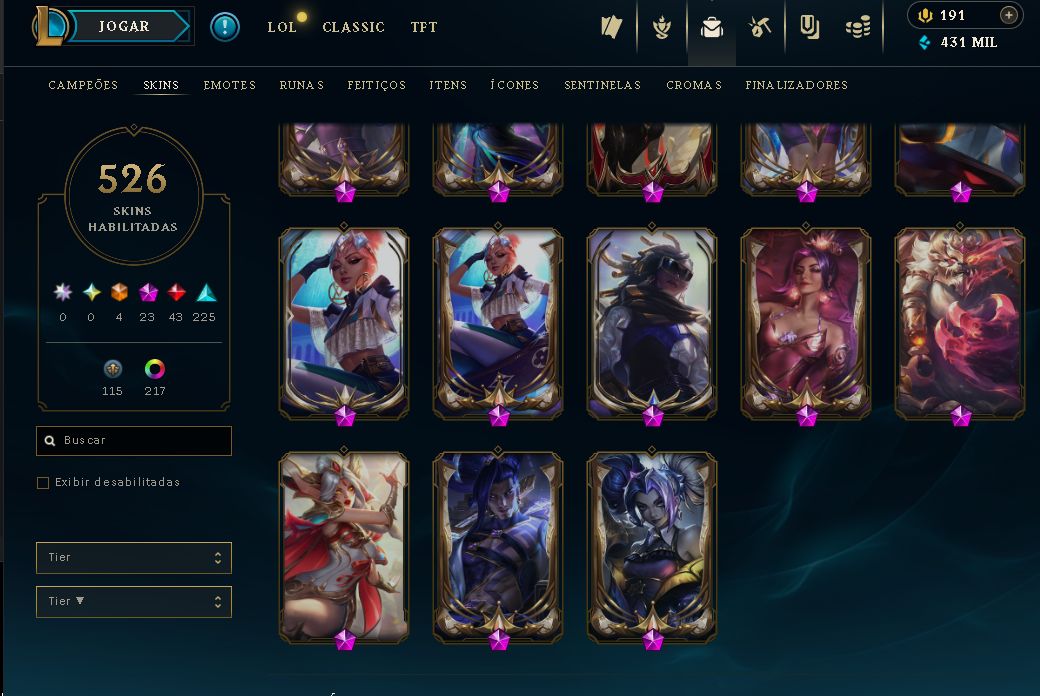 CONTA COLECIONADOR|526 SKINS|SIVIR CAÇADORA/NEO PAX|QIYANA+AATROX PRESTÍGIO2022