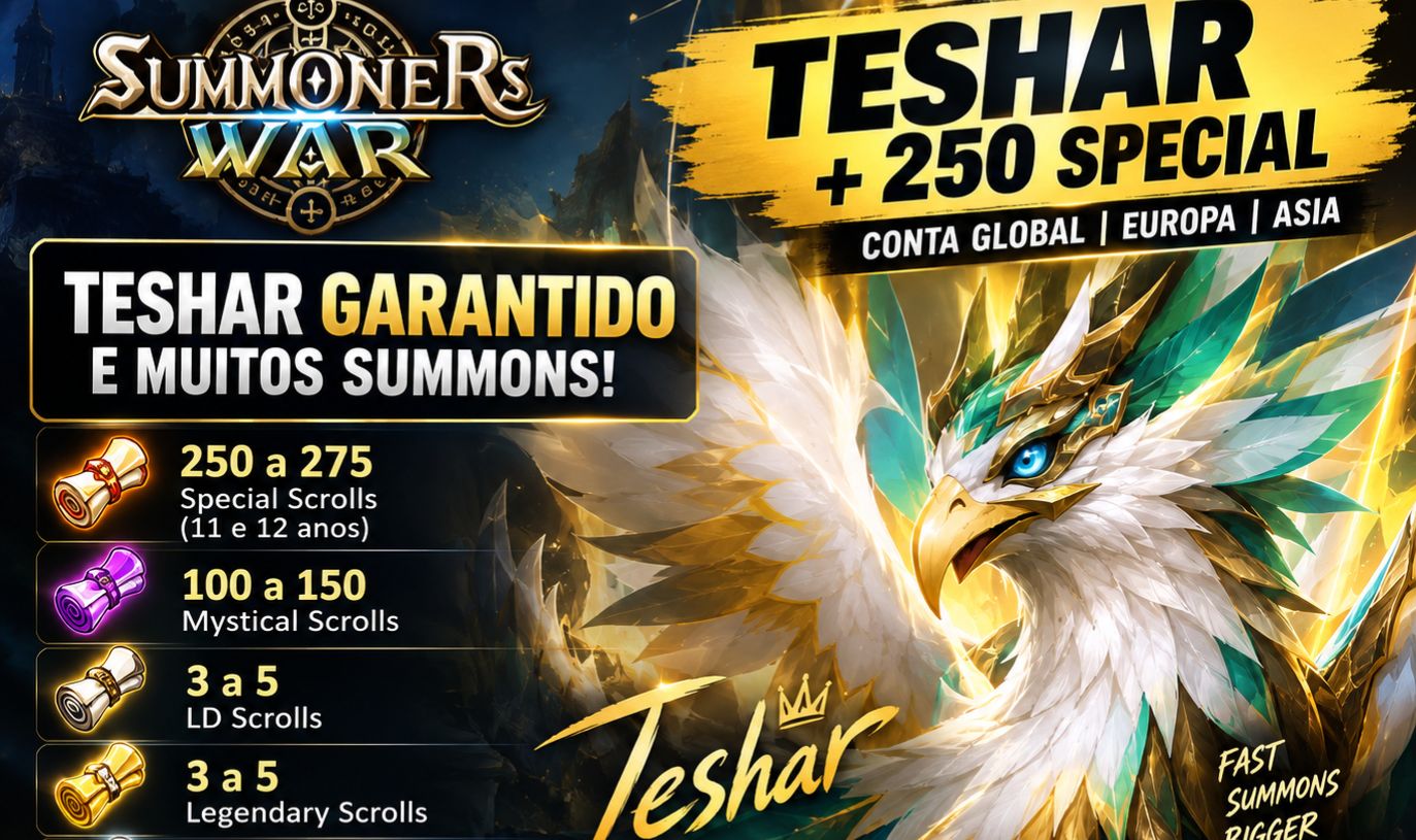 SUSUMMONERS WAR TESHAR 250 PERGAMINHOS DE ANIVERSARIO GLOBAL EUROPA ASIA