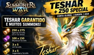 SUSUMMONERS WAR TESHAR 250 PERGAMINHOS DE ANIVERSARIO GLOBAL EUROPA ASIA