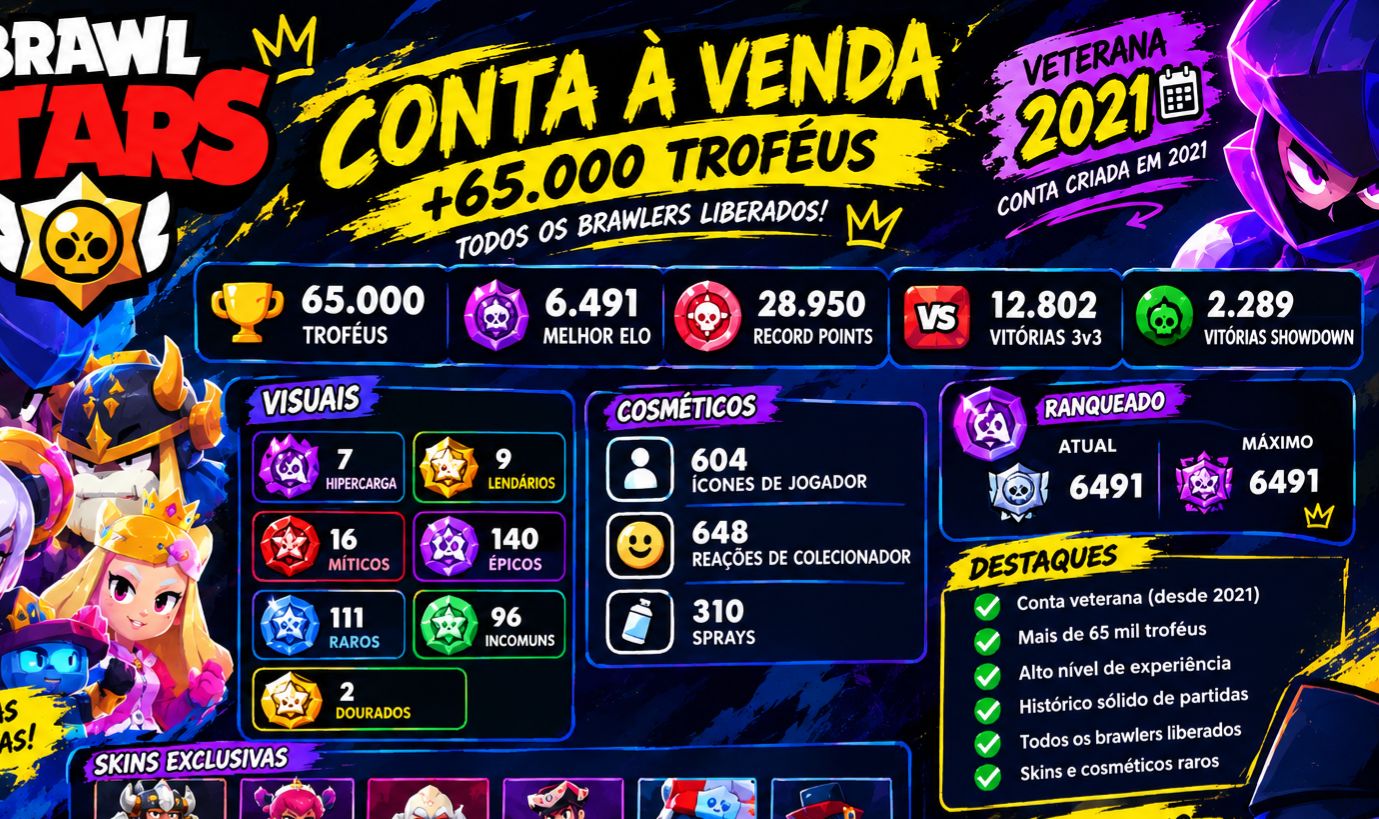 BRAWL STARS | 65K+ TROFÉUS | TODOS OS BRAWLERS | CONTA VETERANA 2021