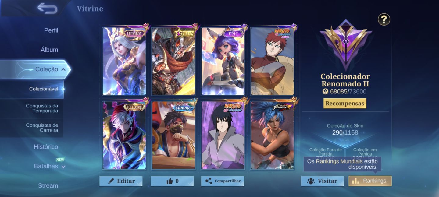 CONTA MLBB 290 SKINS | COLECIONADOR RENOMADO II | 133 HERÓIS | MÍTICO 66 ESTRELA