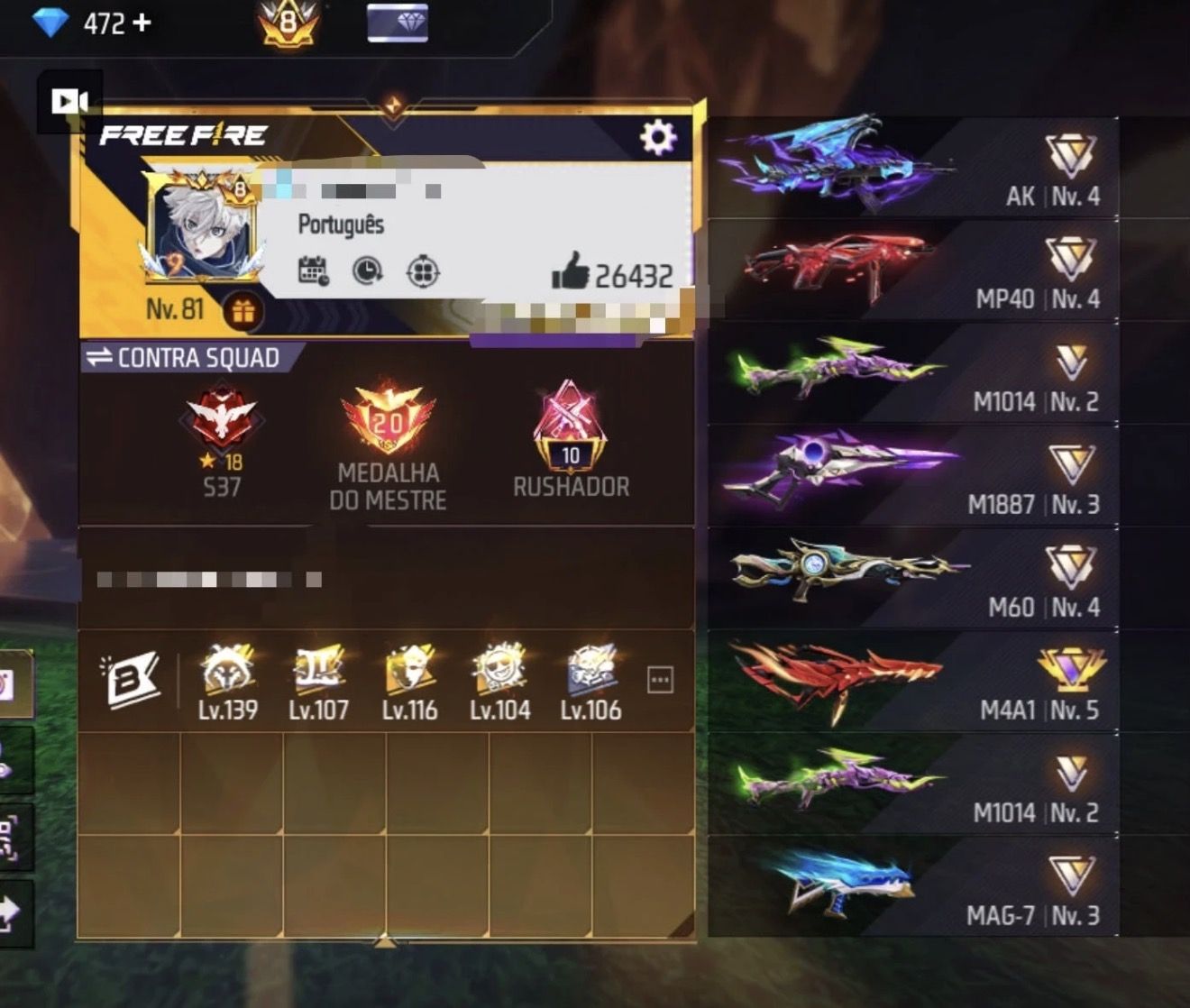 Conta free fire prime 8 gemada