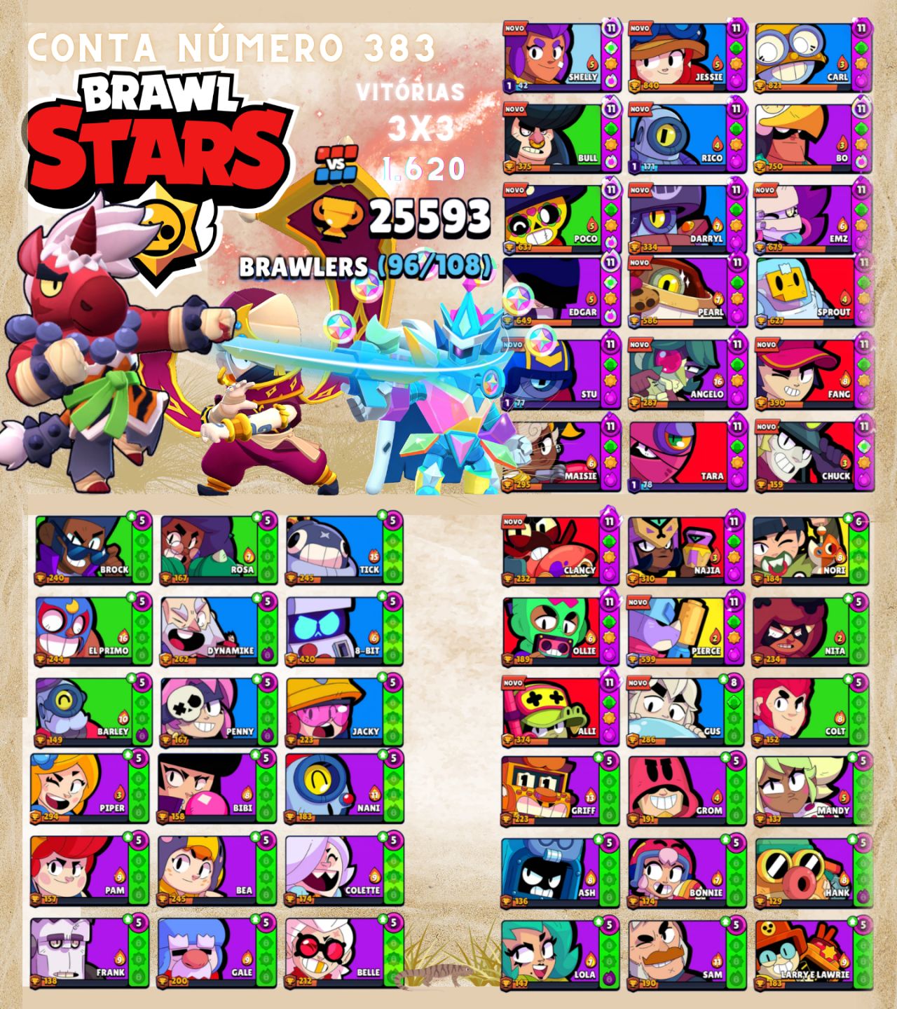 Contas de Brawl Stars Upadíssimas com vários troféus e Skins