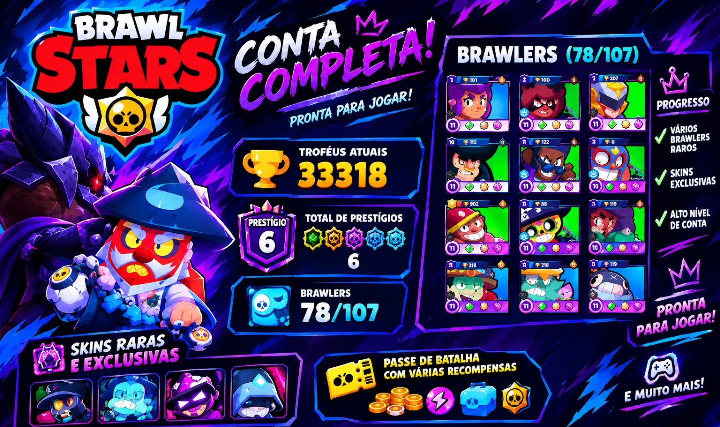 Conta Brawl Stars de 2018 Rara com diversas Skins (Incluso Shelly Estelar)