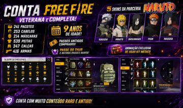 Conta Free Fire, 9 anos de criação, Passes Antigos, Skins de Parceria.