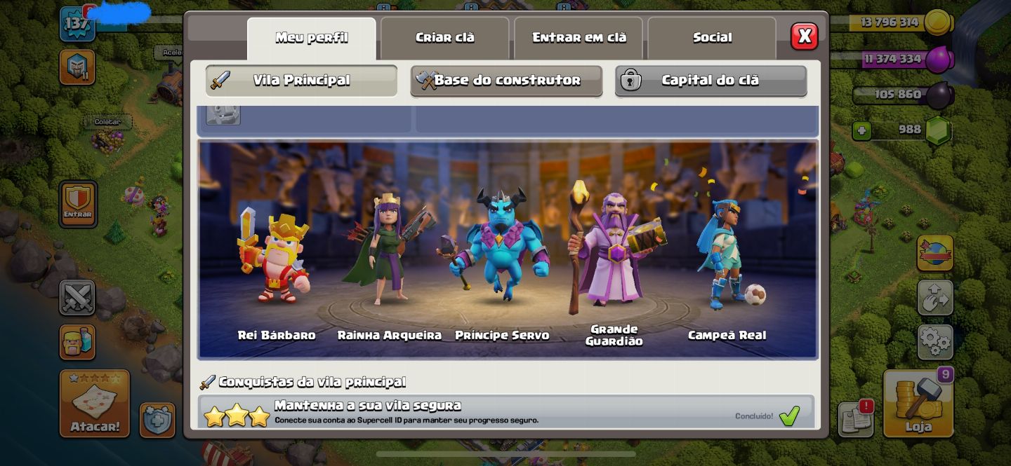 CONTA CLASH ROYALE 5K + CLASH OF CLANS CV 13