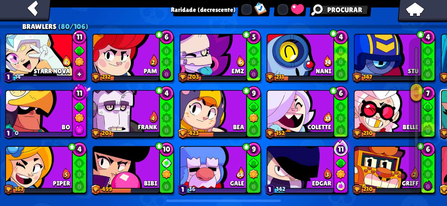 CONTA BRAWL STARS: 36K Troféus 80 Brawlers Vários Nível 11 56k Moedas e 325 Gema