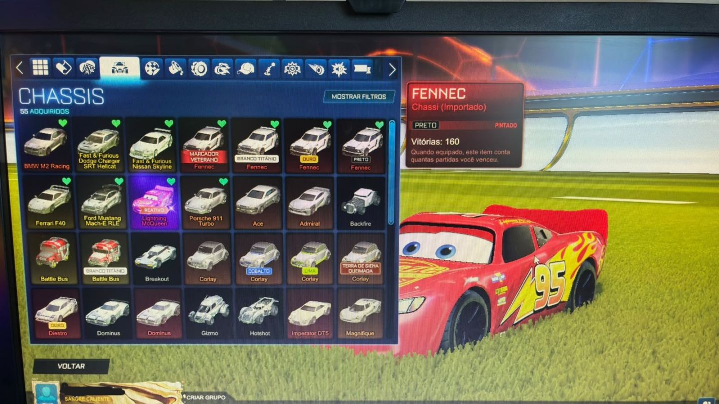 CONTA ROCKET LEAGUE COM MCQUEEN, F40, SKYLINE, EXPLOSAO DO BOB ESPONJA