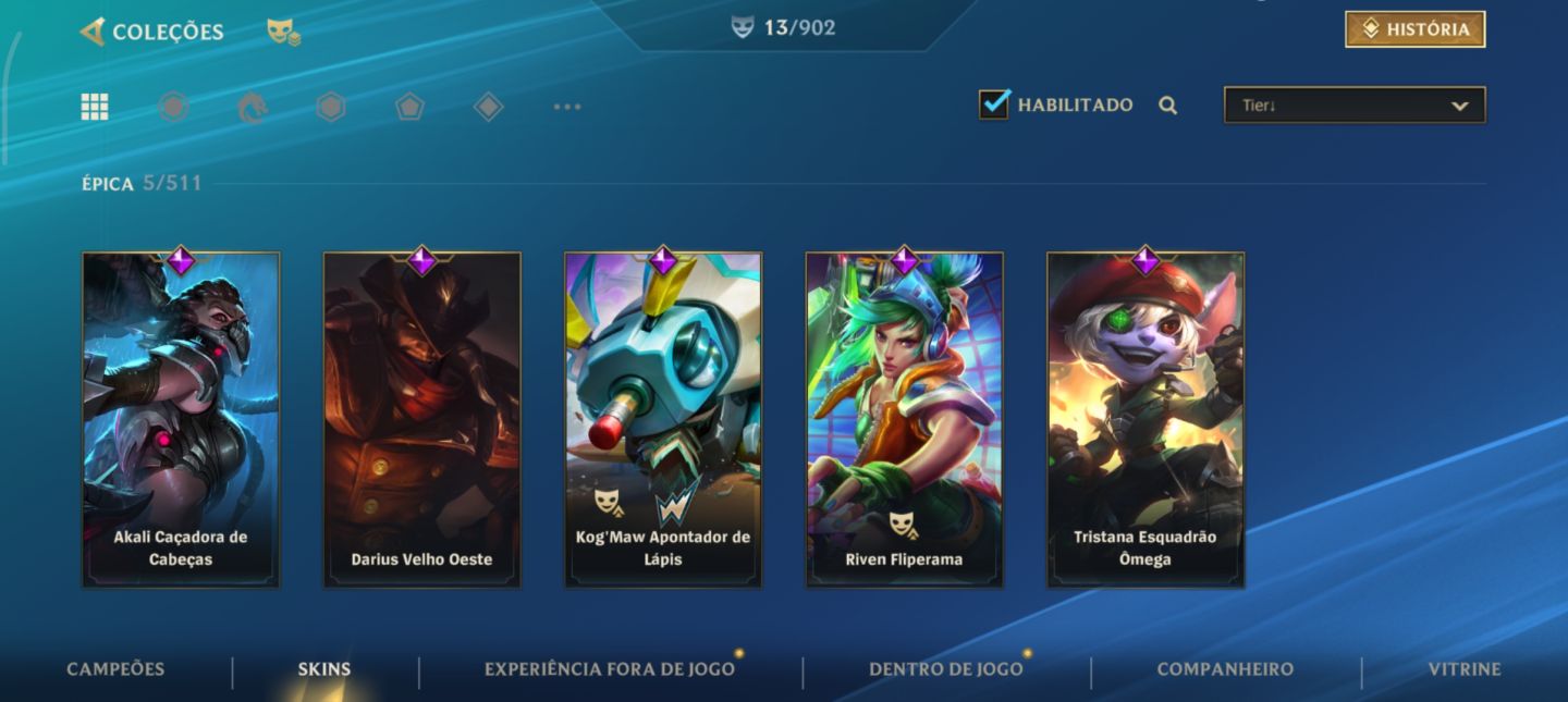 Conta de Wild Rift com 3 skins lendárias e algumas épicas
