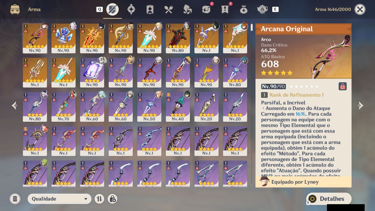 [PREÇO NEGOCIÁVEL] CONTA GENSHIN IMPACT AR 57 - 15 PERSONAGENS T5 -- 10 ARMAS T5