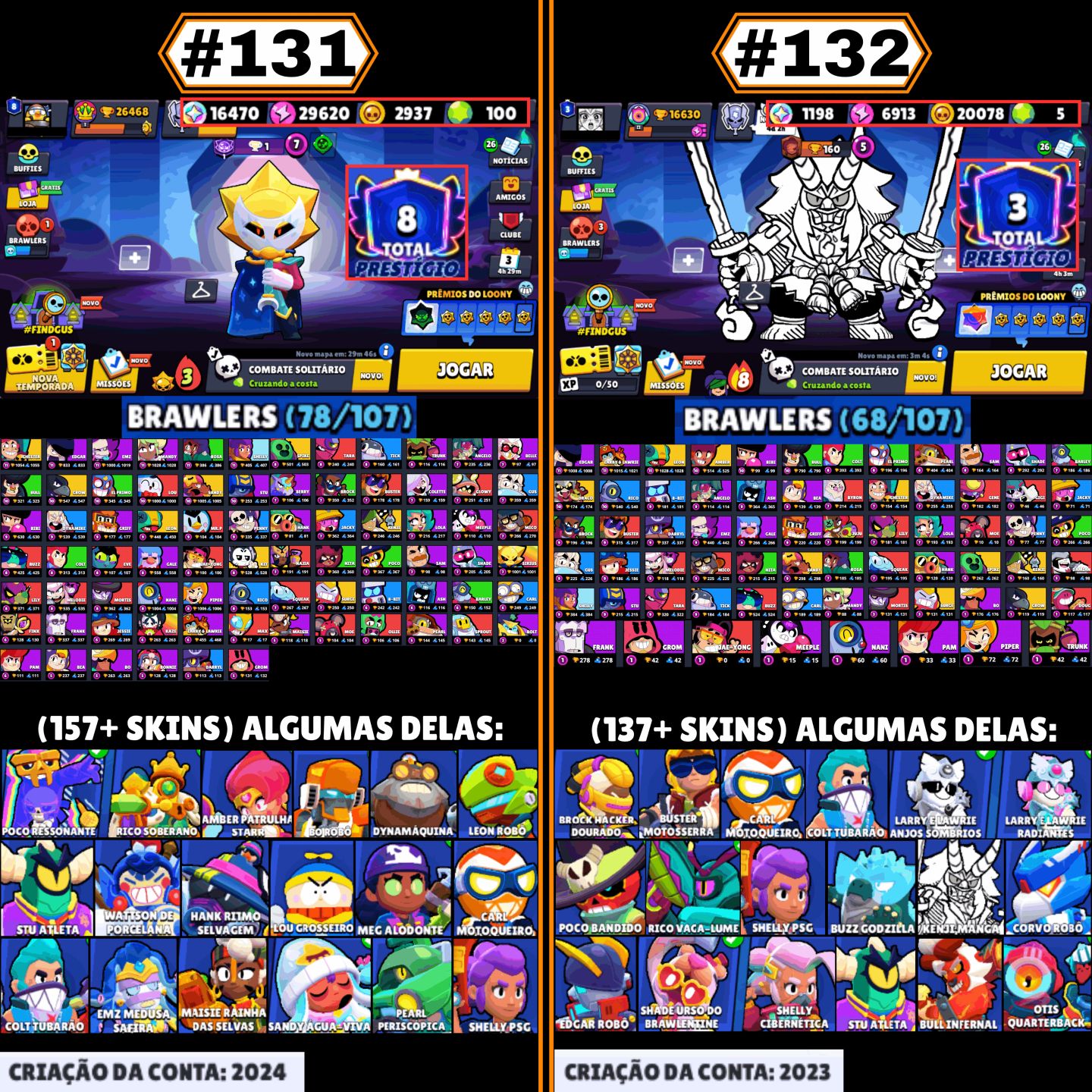 CONTAS BRAWL STARS | LENDÁRIOS, HIPERCARGAS, SKINS RARAS, P11, GEMAS, TROFÉUS