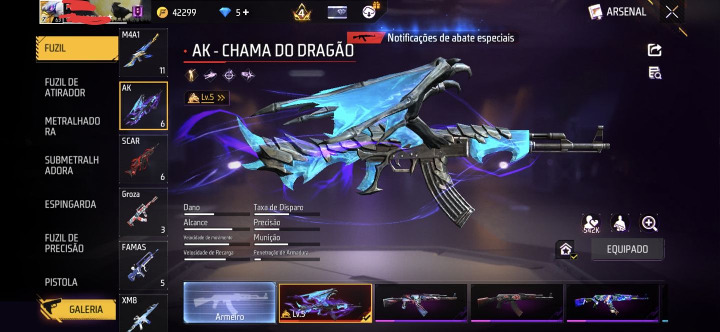 Conta FF 2020 gemada, possui diversas skins raras.