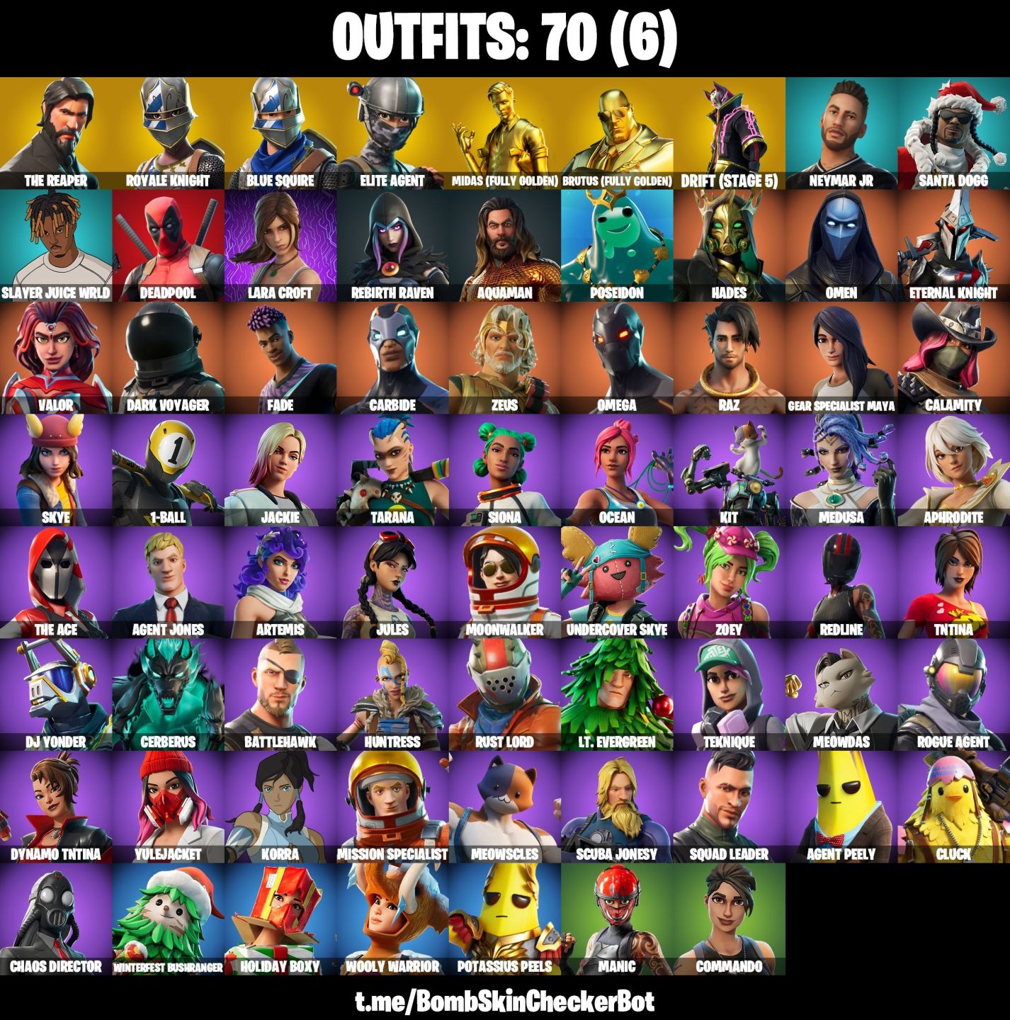 70 Skins - O ceifador, S2 inc, Gold midas, Drift (stage 5) & omega