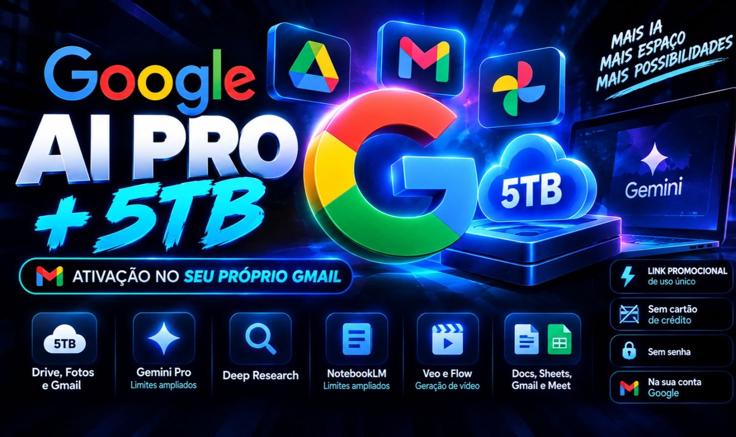 Google Gemini Pro + 5Tb Google One Link Oficial | Ativa no Seu Próprio Gmail