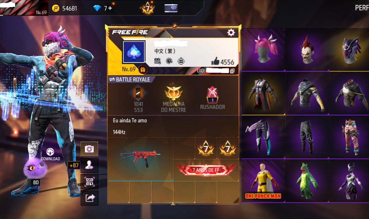 CONTA FREE FIRE - SKIN MANDELA , PASSE STEAM PUNK , PRIME 7 ,BANDEIRÃO ,UMP RUBI