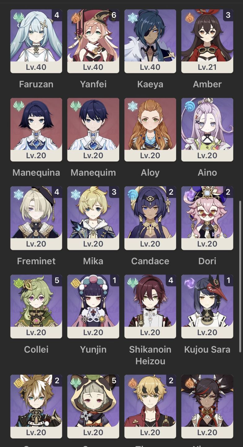 CONTA GENSHIN AR 60 | Raiden, Furina, Columbina, Nahida C1, Zhongli e Hutao C1.