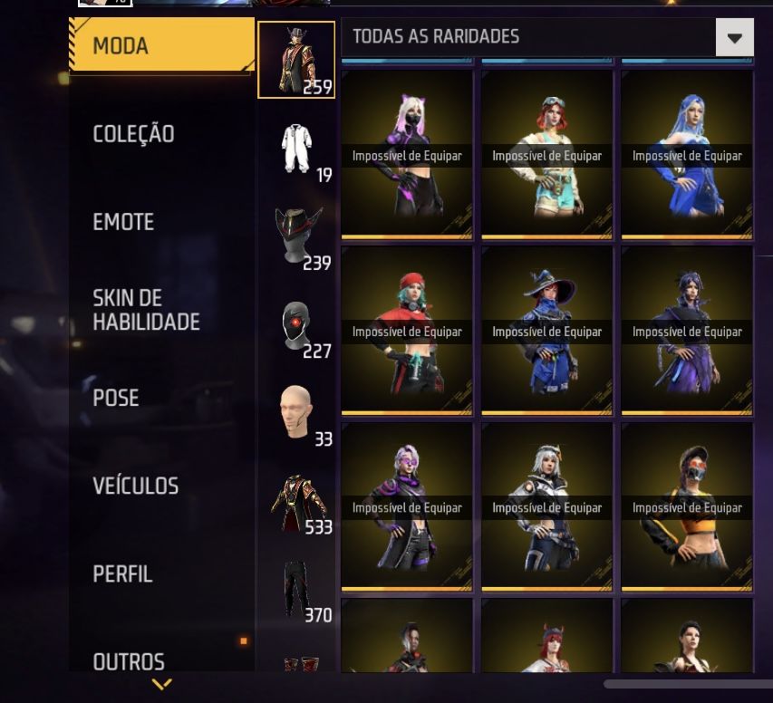 Conta Free Fira com skins de passes antigos