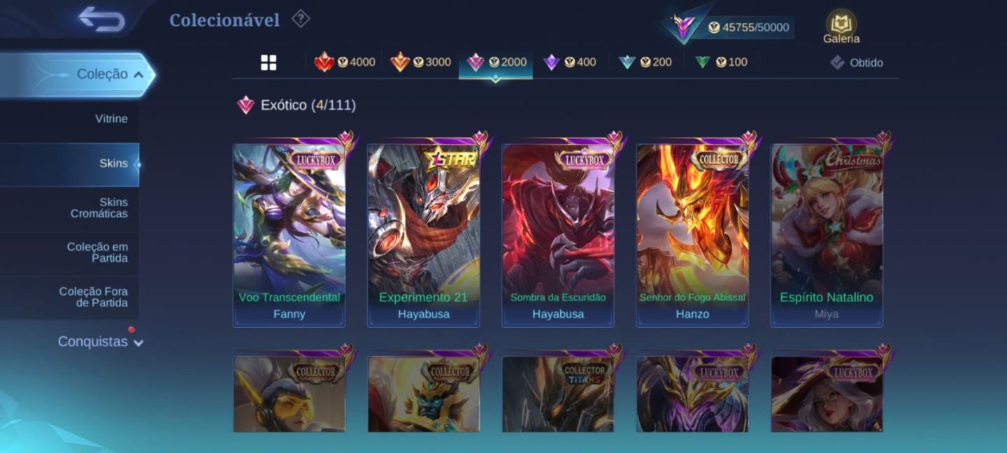 CONTA MOBILE LEGENDS 200 SKINS OPORTUNIDADE