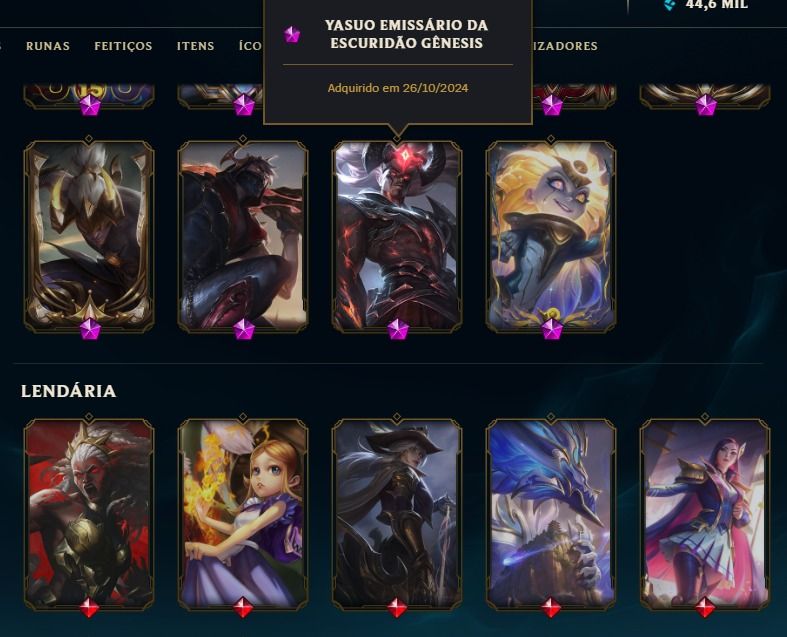 CONTA DE LOL DIAMANTE COM YASUO EMISSARIO GENESIS E MAIS DE 300 SKINS