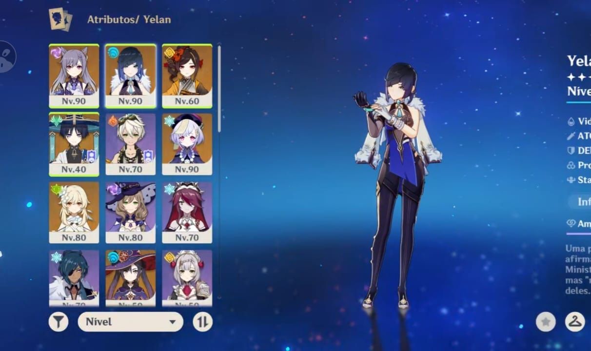 Conta Genshin, Yelan Lv90, Keqing Lv90,Armas 5 Rito do Fluxo, Oração