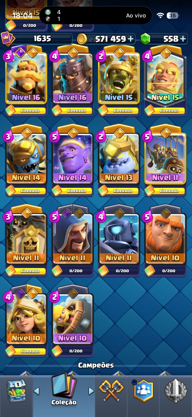 Clash Royale | 12.590 troféus | 564K ouro | 10/16 heróis | 21 evoluções