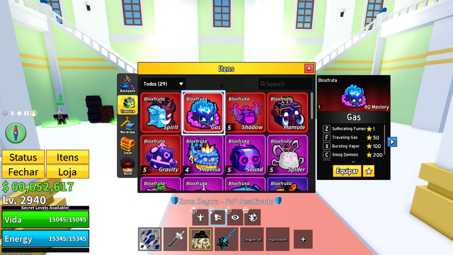 Conta de Blox Fruits, Varias Frutas Permanentes, 5 Slots e Todas as Gamepasses